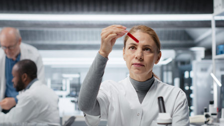 Hematology specialist in lab analyzing batch of blood samples for red blood cell abnormalities. Technician doing research on sanguine fluid vials to diagnose anemia types, camera Bの写真素材