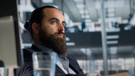 Thoughtful businessman, strategy planning and problem solving, considering his options, intellectual reflection and concentration. Management vision, decision making, face expression.の写真素材