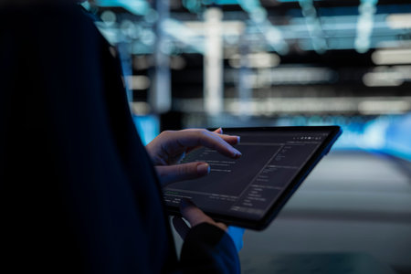 Close up of tablet used by data center computer scientist to write code, updating infrastructure network systems. Server hub worker typing on touchscreen device, coding upgradesの写真素材