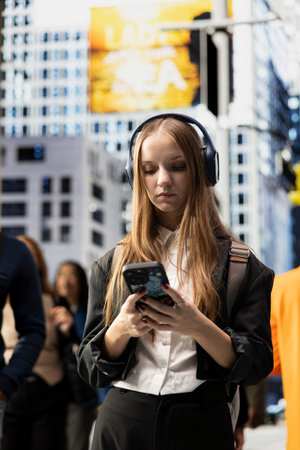Young adult college student with big headphones browsing smartphone at intersection, checking her messages while waiting at a red light. Hipster girl from gen z walking the street.の写真素材