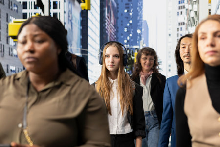 Lively group of female and male pedestrians walking through a business district, showing vibrant motion of urban crowd culture with people engaged in routine and city street activity.の写真素材