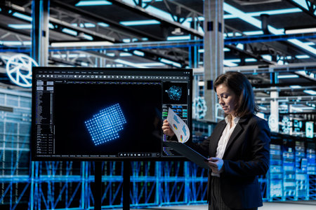 Server room manager looking over system benchmarks results after doing wireframe mesh mapping with...