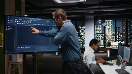 Silicon Valley company manager office making phone call, developing apps. Team leader calling...