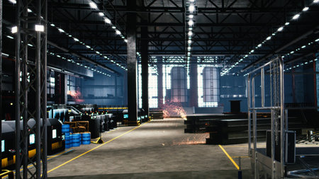 Empty warehouse interior in heavy industry environment displays steel work, fabrication areas and production hall machinery. Industrial design showcases modern infrastructure use.の写真素材