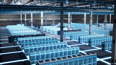 AI hardware mainframes in data center upgrading systems, undergoing maintenance, digital twin...