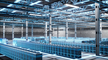 Empty data center server racks used for virtualization, blue wireframe overlay. VFX compositing scan...