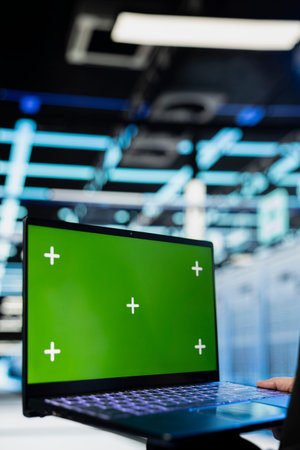 Green screen laptop used by data center engineer to review equipment diagnostics. Worker in server...