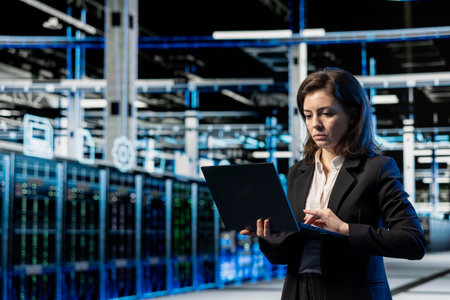Maintenance, laptop and engineer in data center, VFX compositing overlay. Blue wireframe lines,...