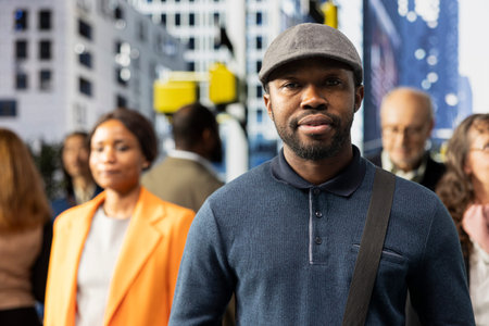 Street portrait of african american casual man wearing a cap on the street, walking through a busy downtown avenue and highlighting everyday urban crowd. Dynamic metropolitan area.の写真素材