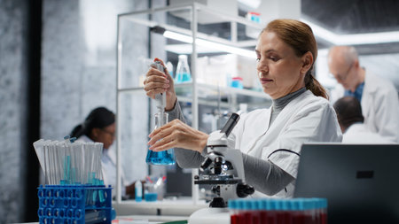 Researcher pipetting reactant into blue solution for purity analysis. Female cytotechnologist adding...