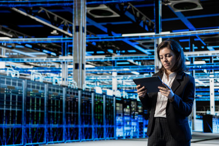 Supercomputer digital twin scanning, tablet and female programmer in data center, creating wireframe...