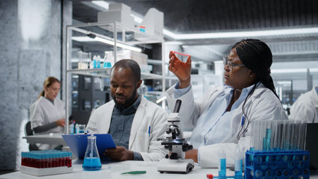 Laboratory analytical chemists examining biopsy slide, documenting diagnostic findings on clipboard....