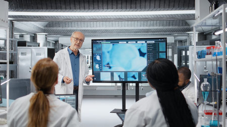 University professor mentoring young researchers about molecular biology concepts. Teacher standing...