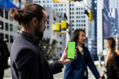 Vertical chroma key held by businessman near crowd of multiethnic pedestrians flowing across...