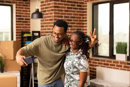 Cheerful african american couple hugging and snapping selfie in new brick wall apartment. Excited...