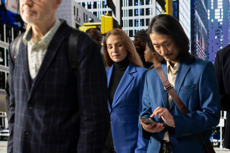 Multiethnic urban people walking at crosswalk after red light, realistic motion of daily downtown movement. Everyday activity, cultural diversity and community flow in a big busy city.の写真素材