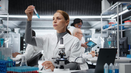 Quality control analyst inspecting blue liquid clarity in test tube, inputting data on laptop. Lab...