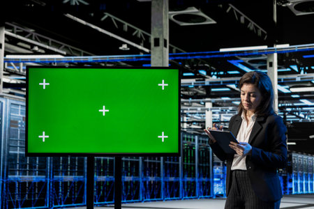 Isolated screen display, server configuration and female system administrator in data center hosting...