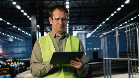 Worker in a manufacturing facility manages heavy machinery activity on tablet, wearing protective...