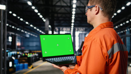 Isolated mockup with technician coordinating strong labor involvement in industry plant, heavy...