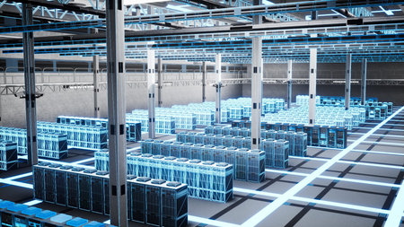 Data center equipment with blue VFX overlay over modular blade servers storage. Supercomputers in...