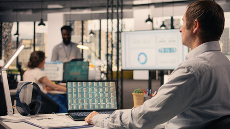 Professional man, business intel, visual data in office, analytics dashboard, performance metrics,...