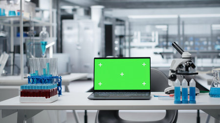 Green screen laptop and scientific gear in research facility used for complex experiments. Empty...