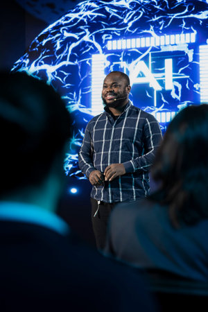 Black CEO speaker leads futuristic AI-driven presentation with ai brain graphics, neural networks...