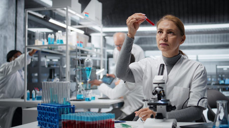Hematology specialist in lab analyzing batch of blood samples for red blood cell abnormalities....