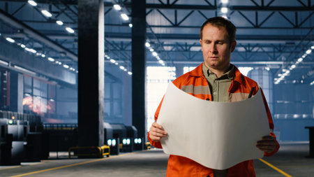 Professional operator walks around steel machinery in industry plant, industrial automation...