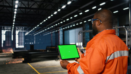 Green screen tablet with worker managing operation tasks across the factory floor, surrounded by...