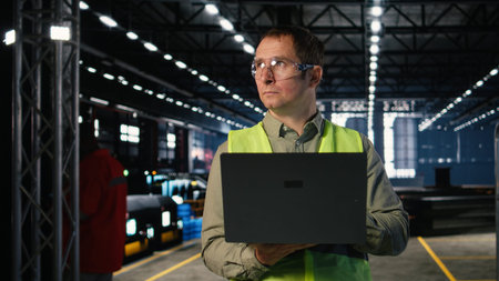 Industrial engineer supervises workshop fabrication equipment and checking laptop, emphasizing...