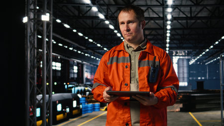 Supervisor in uniform inspecting steel equipment on the factory floor, reflecting industrial...