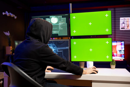 Hooded hacker using isolated screen PC to steal credit card numbers and infiltrate banking systems....