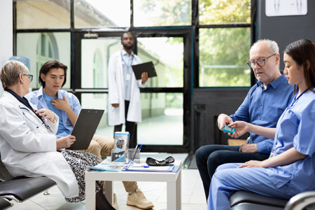 Professional nurse measures blood sugar levels of senior man with glucometer during clinical...