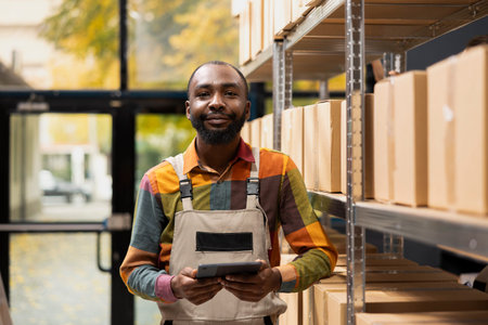 Portrait of african american man in coveralls works in small scale depot, handling packaging and checking inventory on tablet for shipment service operations and e-store express delivery in facility.の写真素材