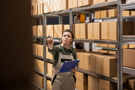 Woman staff member preparing goods for shipment in a small scale depot, handling e-commerce cargo...