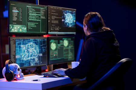 Hacker using artificial intelligence to code malware designed to exploit network backdoors. Rogue...