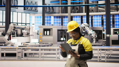 Woman working in solar panels plant uses tablet to oversee machinery systems. African american...