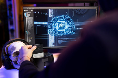 Hacker using hard drive with sensitive information obtained by running neural network software to...