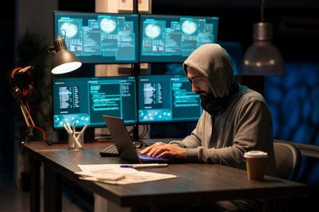 White male developer wearing hoodie and headphones concentrates on laptop screen, writing secure...