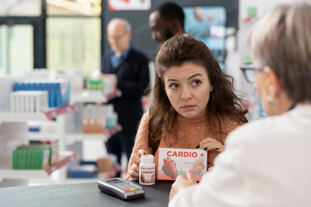 Adult woman consults senior pharmacist while holding heart health supplement, asking questions before purchase. Caucasian customer seeks professional guidance on medication selection in retail pharmacyの写真素材