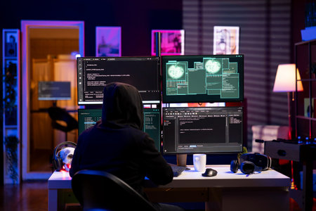 Hacker bypass firewalls in hidden underground shelter, launching DDoS attacks on websites. Rogue...