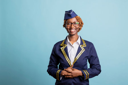 Friendly black woman in flight attendant uniform looking at camera with radiant smile against isolated background. African american air hostess posing for professional airline company portrait.の写真素材