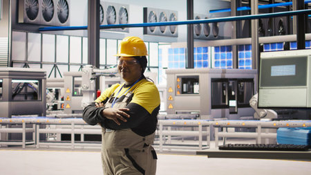 Woman conducts routine inspections in industry 4.0 solar panels plant producing renewable energy. Engineer in photovoltaics smart factory testing equipment and reviewing system metricsの写真素材