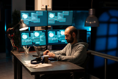 Bearded white man works late night at office laptop, writing code and debugging software. Caucasian...