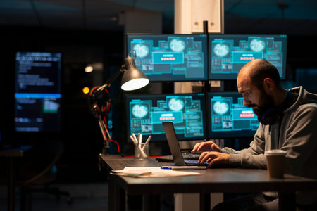 Dedicated male programmer analyzing system data and writing secure code on laptop. Concentrated...