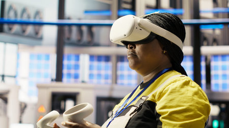 Photovoltaics smart factory specialist fixing damaged IoT sensors using VR tech. Mechanic in...