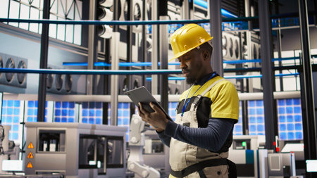 Smart factory repairman using tablet to analyze IoT sensors data before upgrading assembly lines....