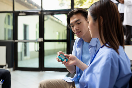 Medical assistant conducts blood sugar test on asian diabetic man using digital glucometer. The...
